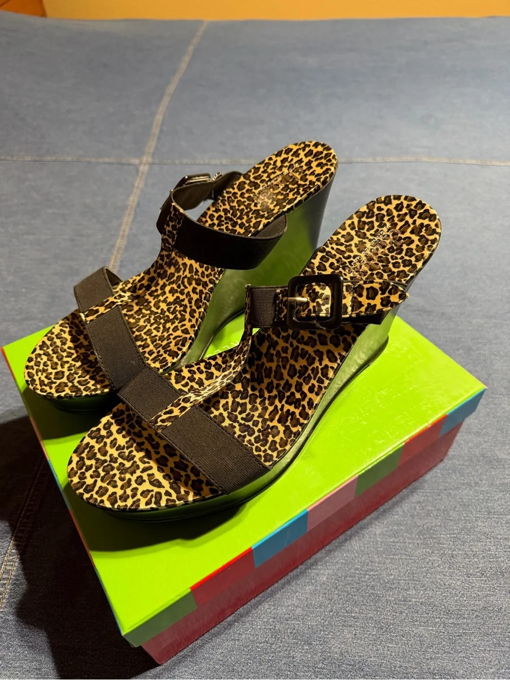 Charles David Black Wedge Sandals with Leopard Insole